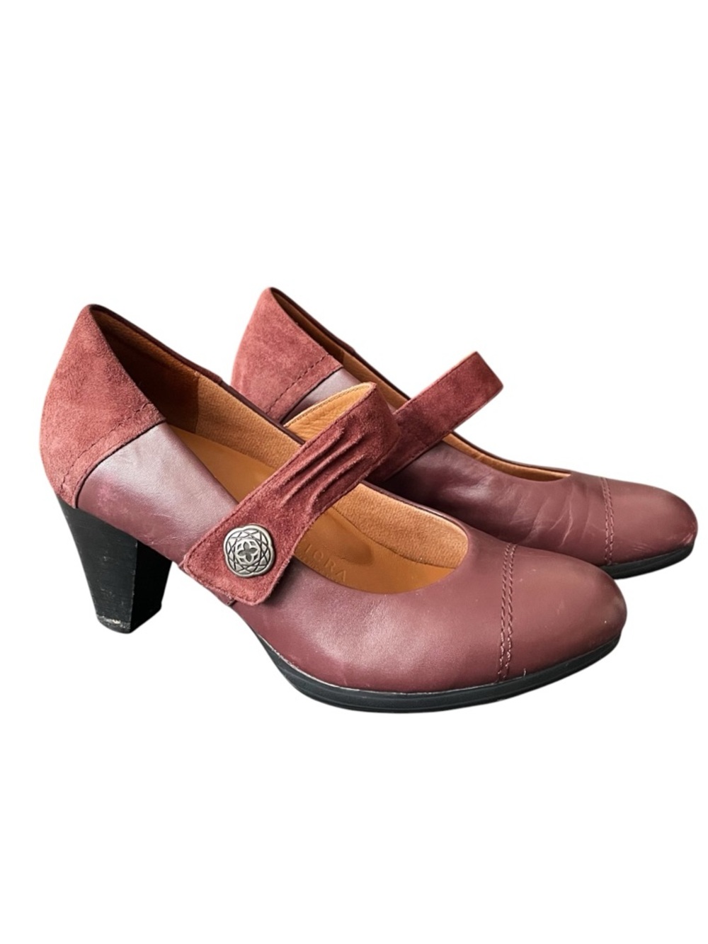 Ziera Leather and Suede Heeled Mary Jane Burgundy/Wine with velcro strap EU 37